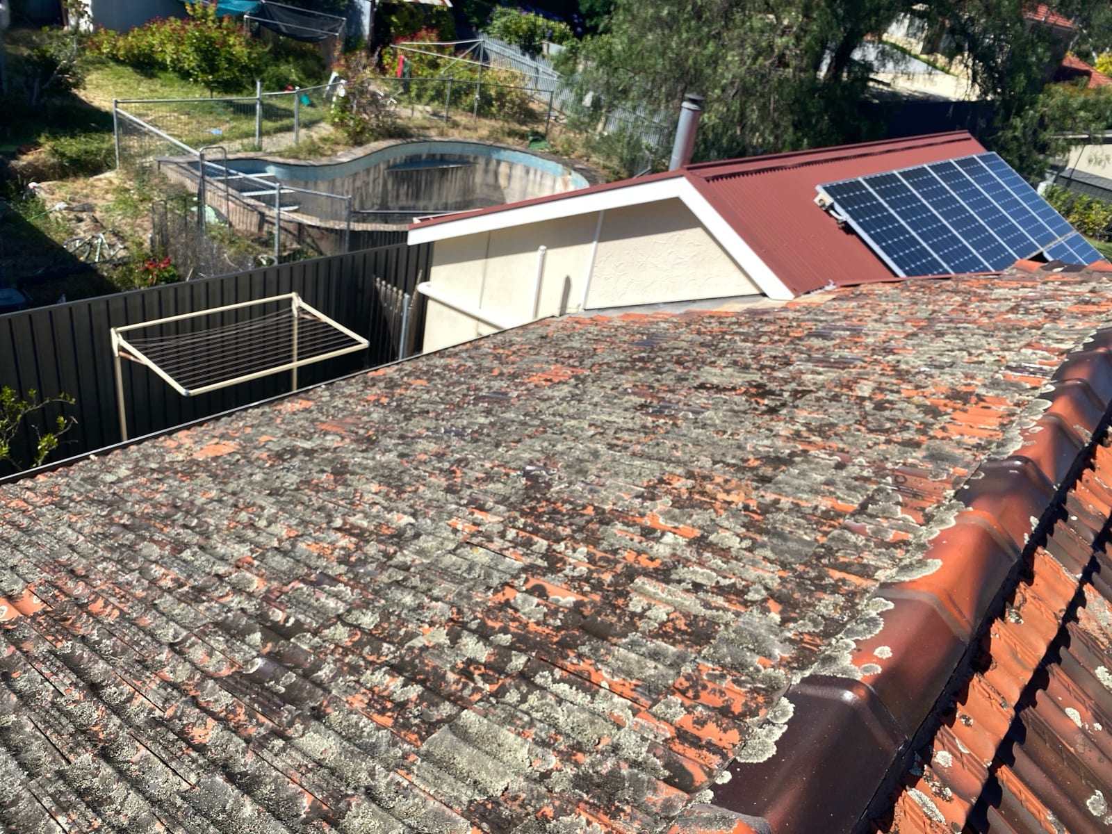 Mossy weathered terracotta tile roof before replacement in Torrens Park, Adelaide